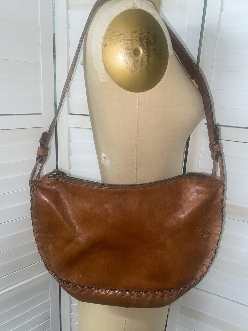 Brown Leather Stitched Shoulder Purse Bag Handbag Adjustable Strap Made in Italy